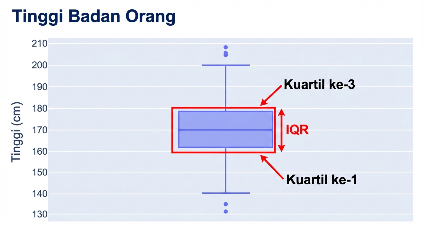 Sebuah boxplot tinggi badan. Tinggi (cm) pada sumbu y. Bagian "kotak" pada boxplot diberi garis tepi merah.