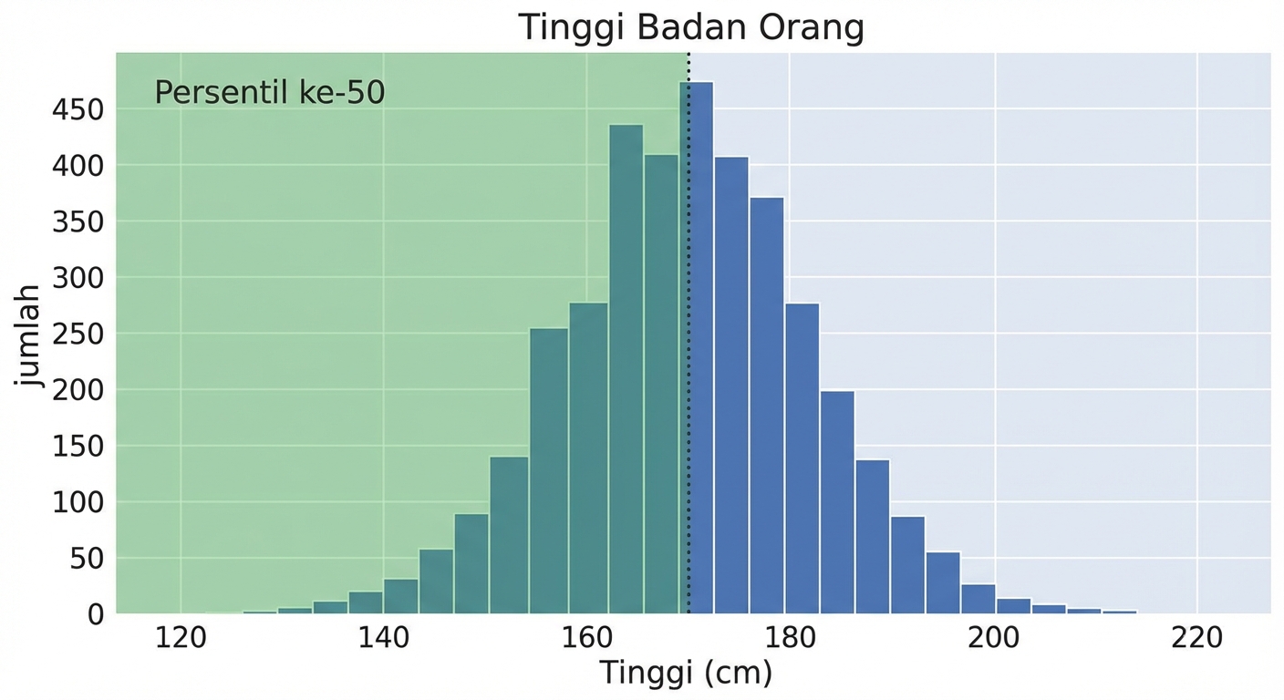 Histogram tinggi badan dengan nilai tinggi di sumbu x dan jumlah pengamatan di sumbu y. Area hijau dari tengah ke kiri mewakili persentil ke-50.