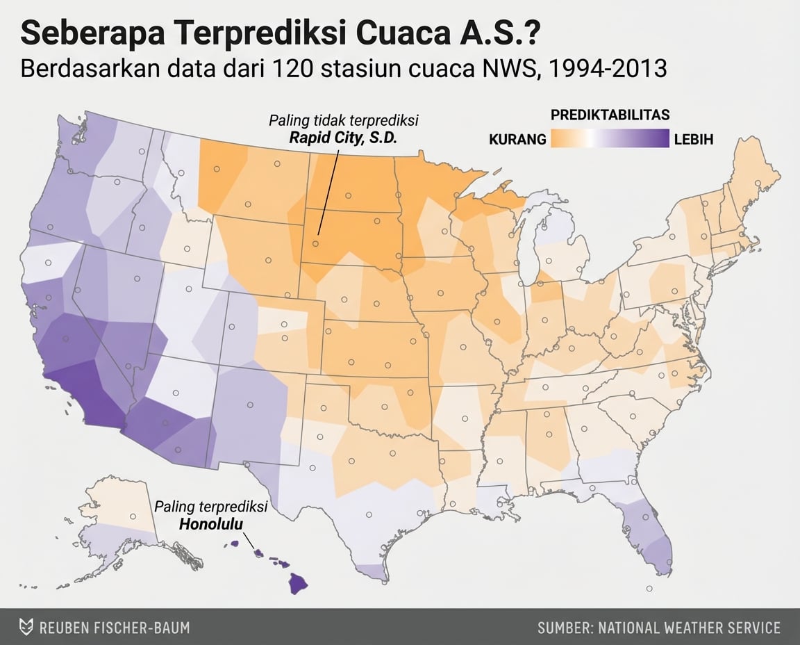 Peta cuaca, dengan warna yang menunjukkan seberapa dapat diprediksi tiap wilayah.
