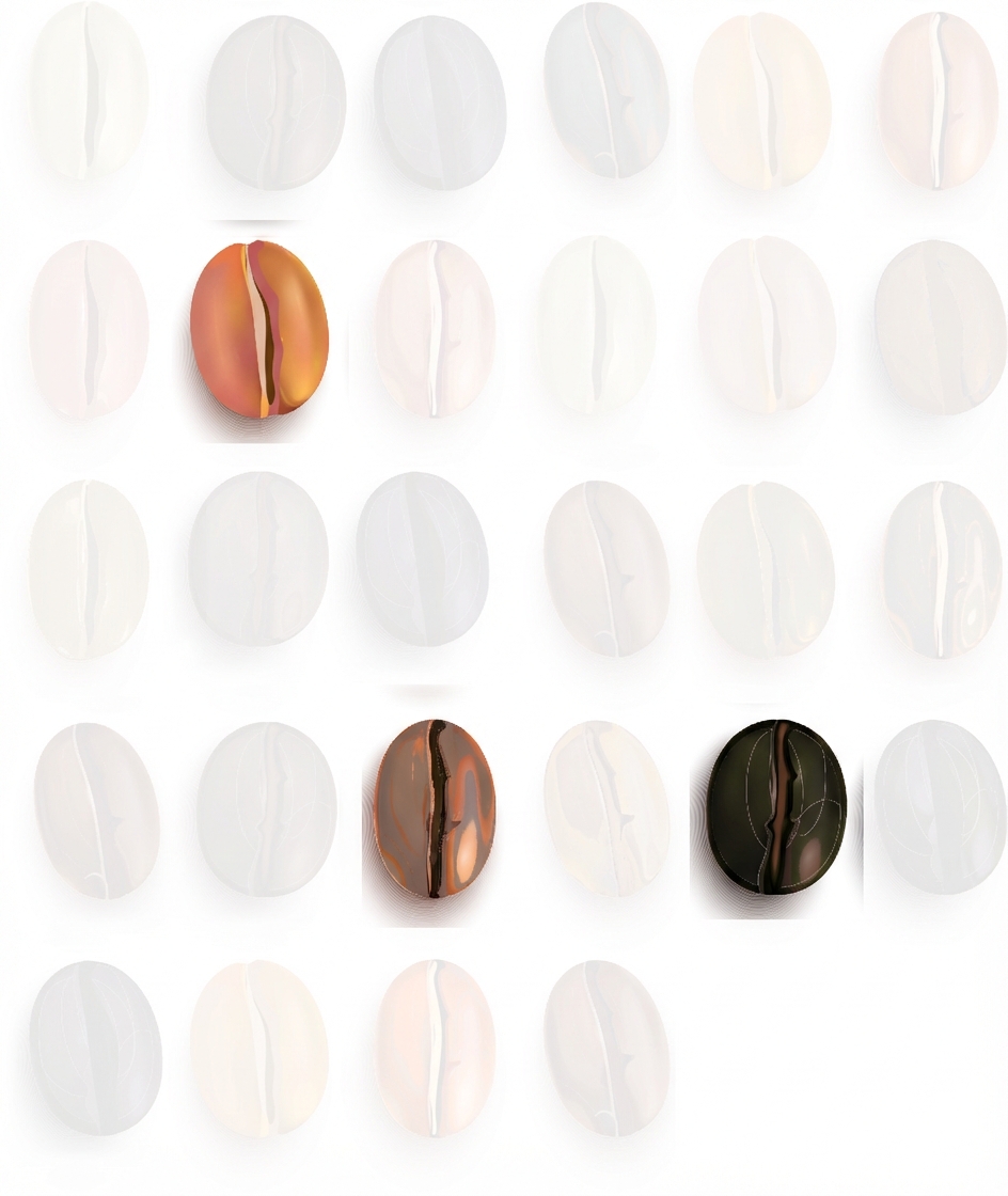 Biji kopi tersusun dalam baris dan kolom; hanya tiga yang disorot, lainnya abu-abu.