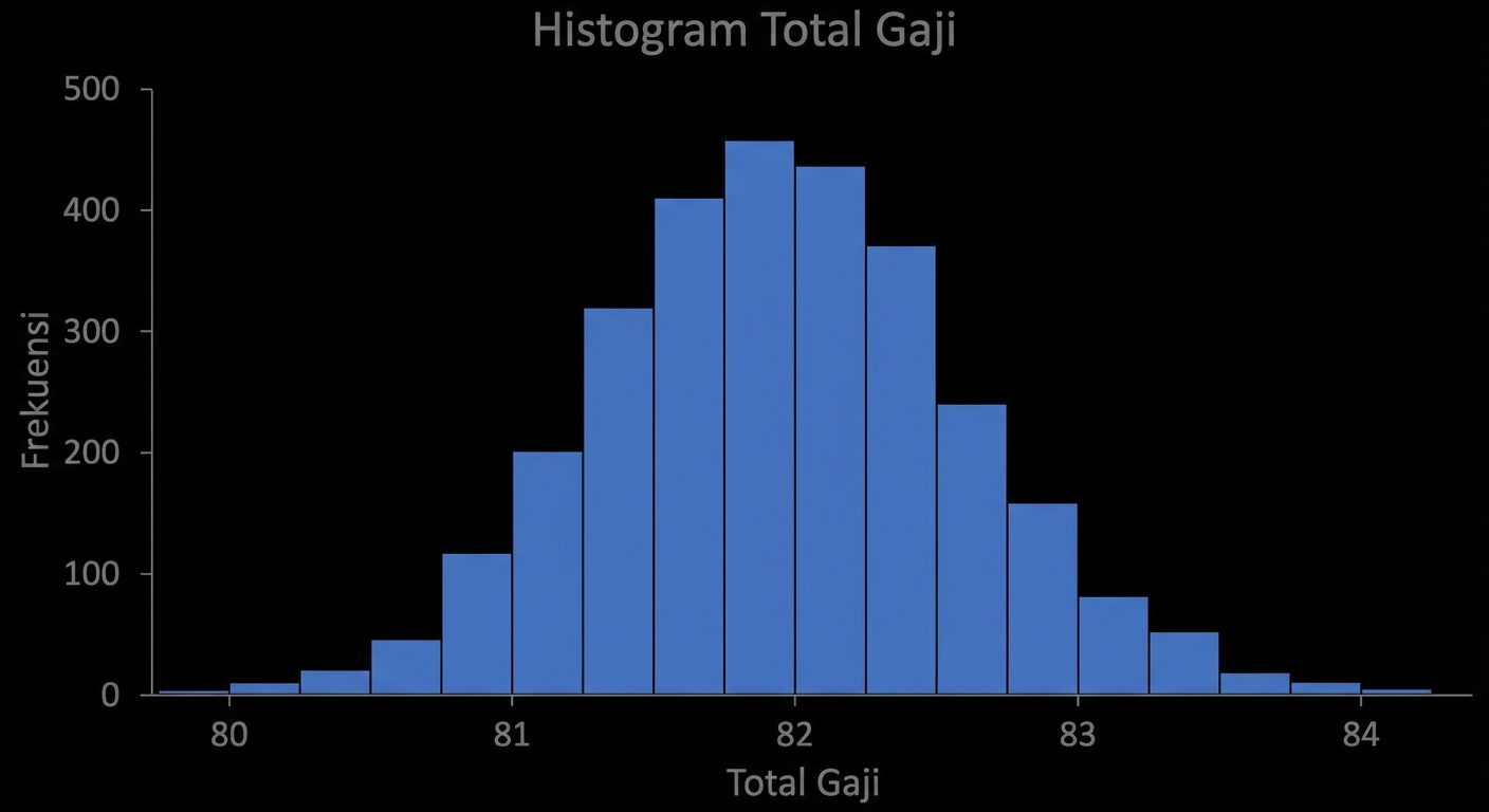 Histogram distribusi penarikan contoh perkiraan untuk rata-rata cup points dengan ukuran sampel 20.