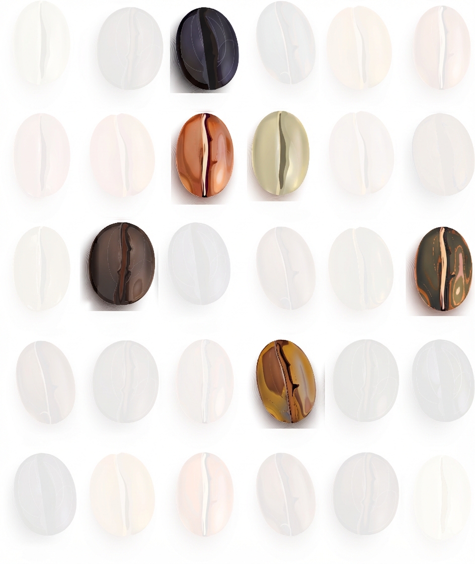 Biji kopi tersusun dalam baris dan kolom, sebagian besar diarsir abu-abu.