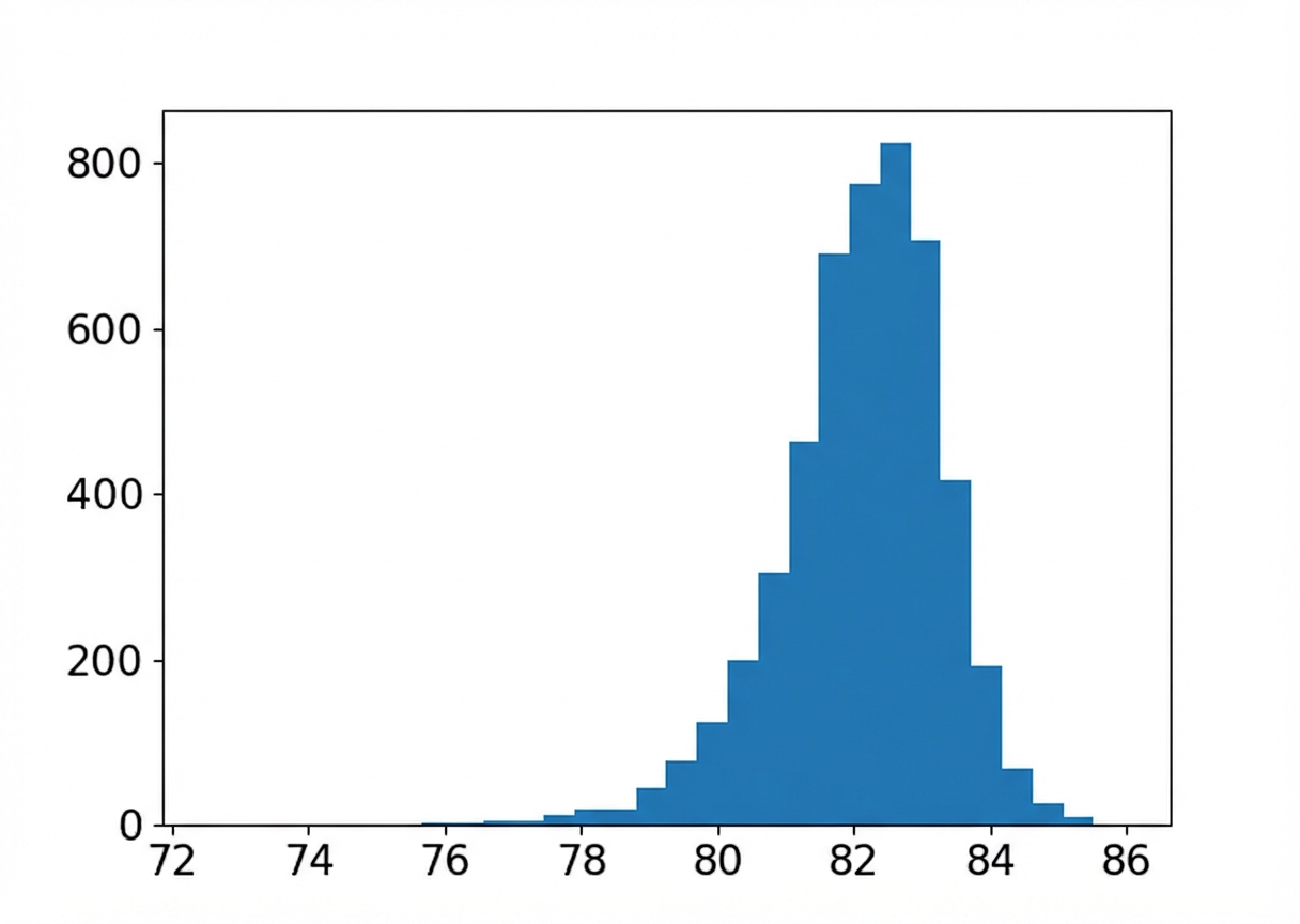 Histogram distribusi penarikan contoh perkiraan untuk rata-rata cup points dengan ukuran sampel lima.