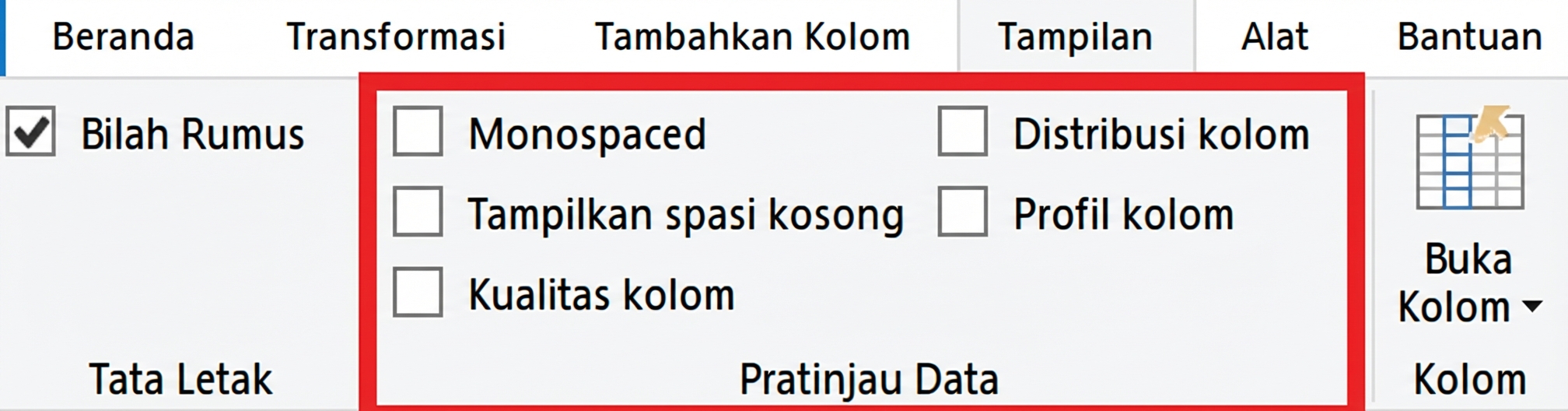 Tangkapan layar Power Query dengan pita View terpilih dan menyorot fitur pratinjau data