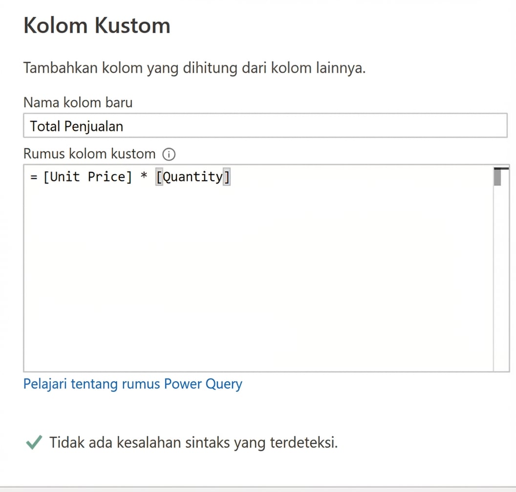 Cuplikan layar jendela kolom kustom di Power Query, menampilkan contoh operator perkalian untuk menghitung total penjualan