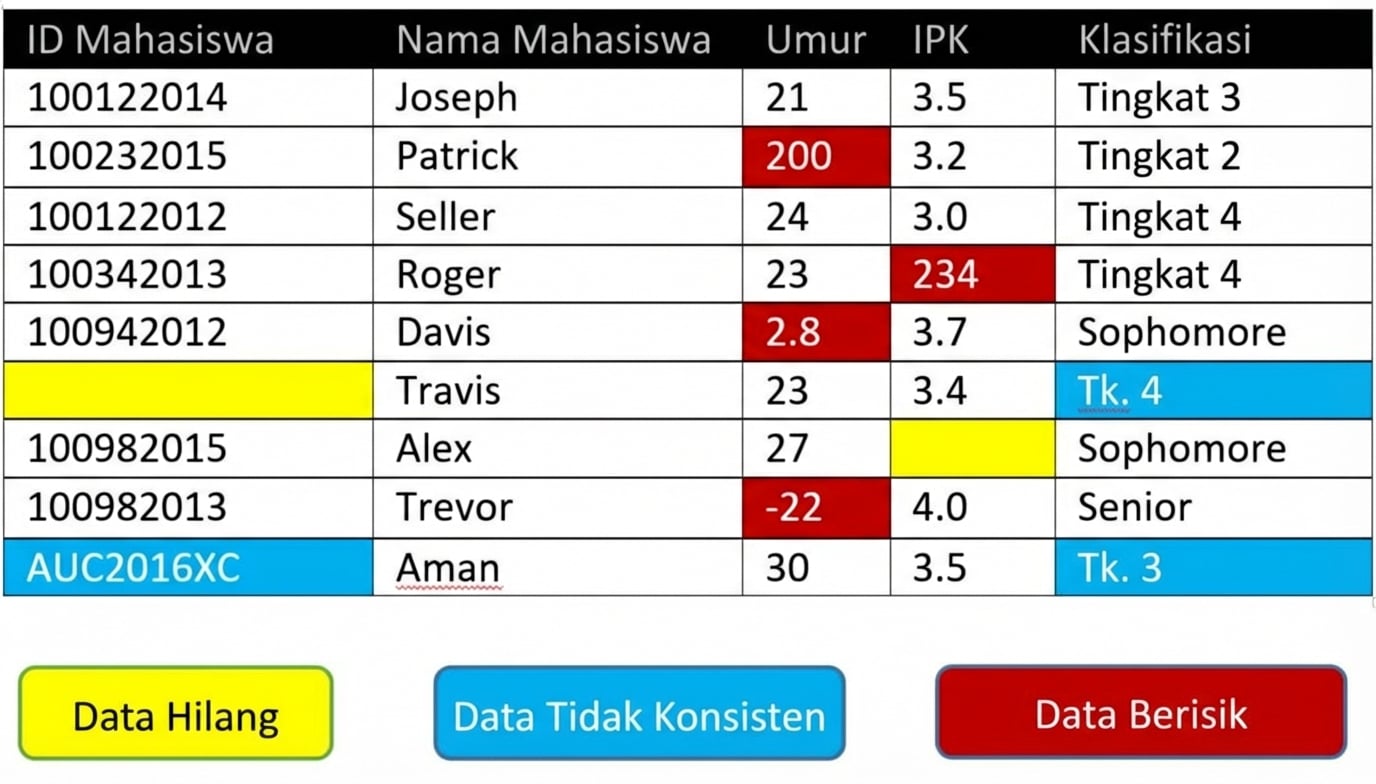 Tabel yang menampilkan beberapa contoh data kotor.