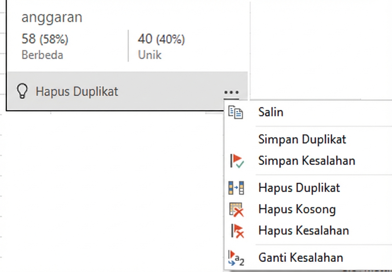 Tangkapan layar menu kontekstual yang muncul setelah mengarahkan kursor ke fitur kualitas kolom