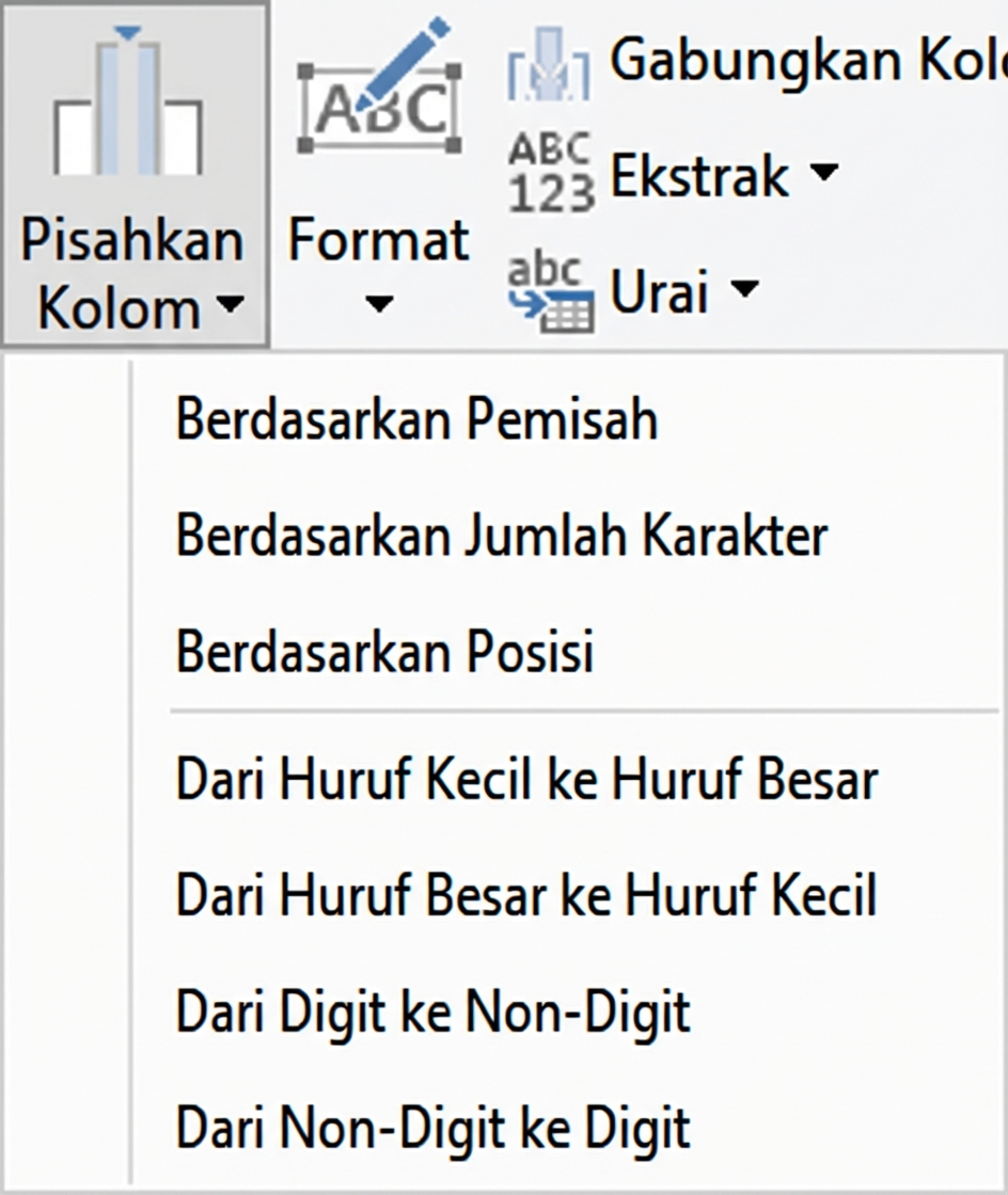 Cuplikan layar Power Query menampilkan transformasi Split Column dan opsinya