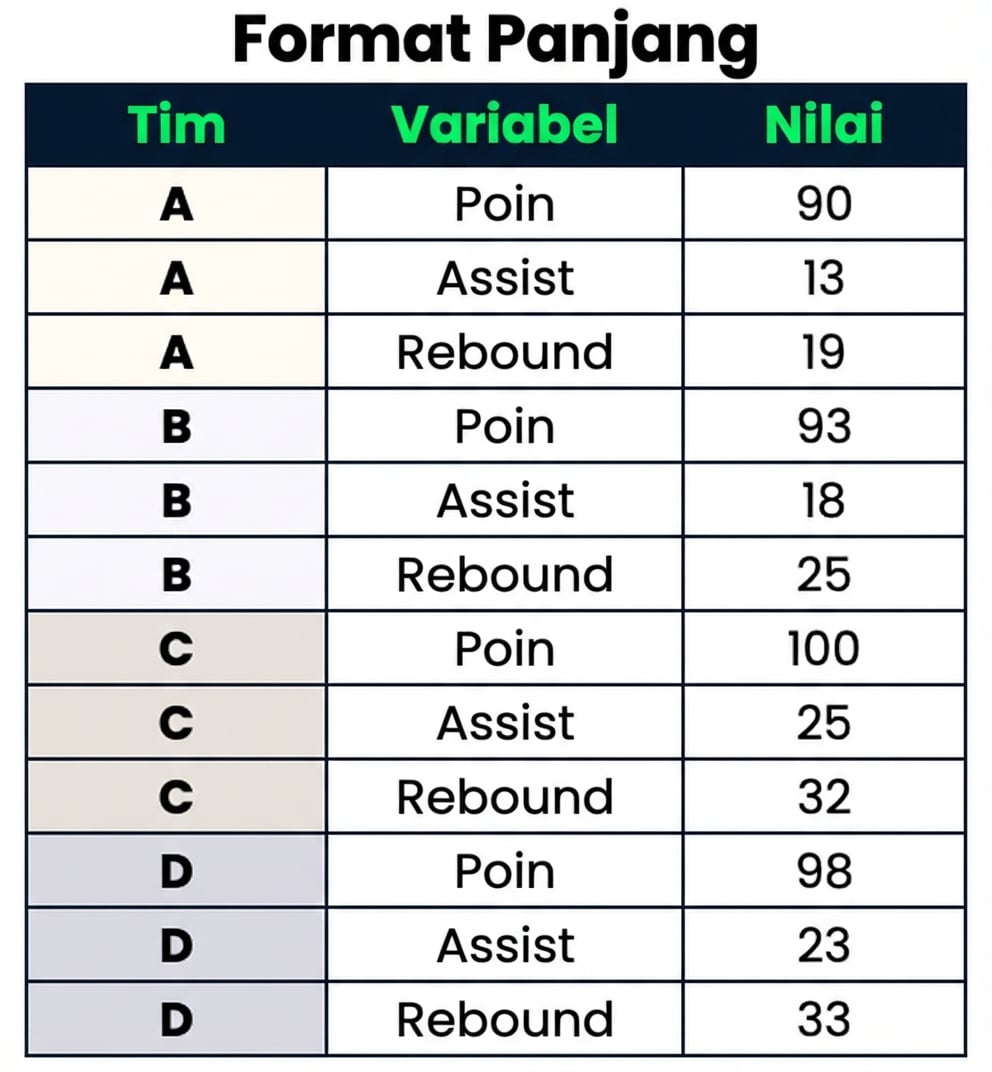 Dataset long berisi dua kolom kategorikal: Team dan Variable, serta satu kolom numerik: Value.