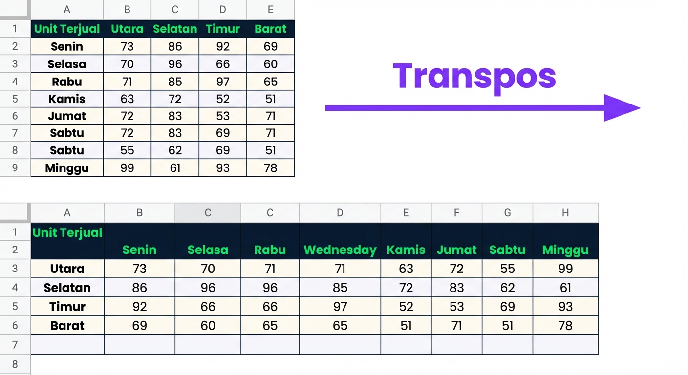 Sebuah tabel dengan nama hari sebagai kolom pertama, dan unit terjual di wilayah North, South, East, dan West sebagai kolom lain. Setelah ditransposisi, kita mendapat North, South, East, dan West sebagai kolom pertama dengan unit terjual per hari sebagai kolom lainnya.