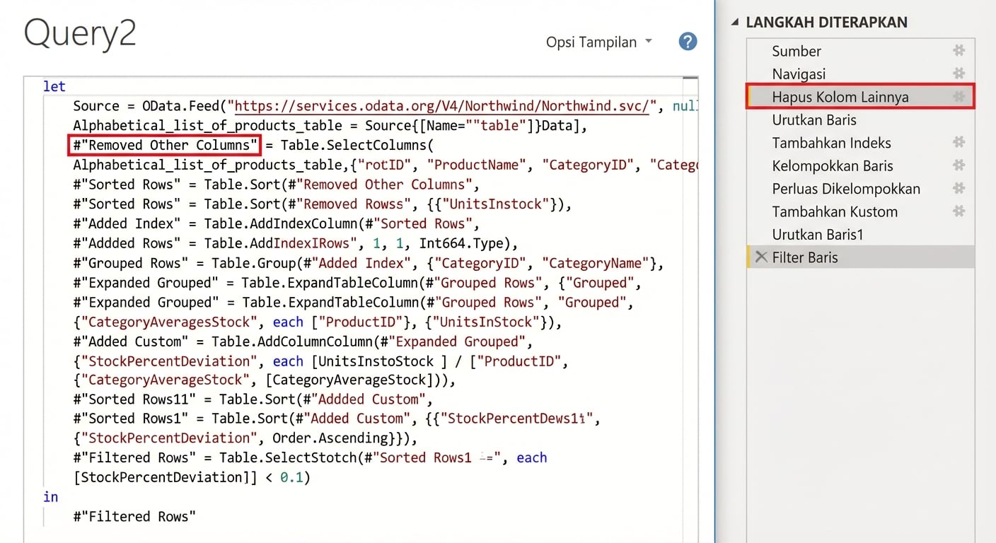 Tangkapan layar advanced editor di samping panel applied steps Power Query. Langkah di advanced editor terhubung langsung ke applied steps