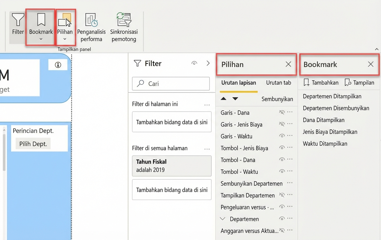 Panel bookmark dan selection