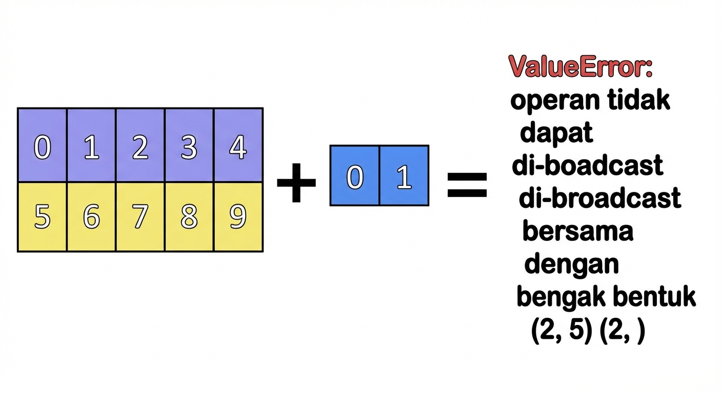 Grafik yang menunjukkan penjumlahan array berukuran (2, 5) dengan (2,) menghasilkan ValueError.