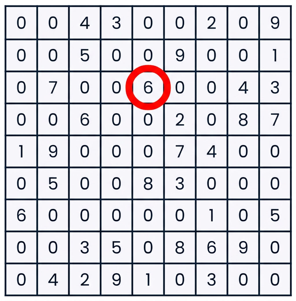 Permainan sudoku dengan satu angka dipilih di baris ketiga kolom kelima