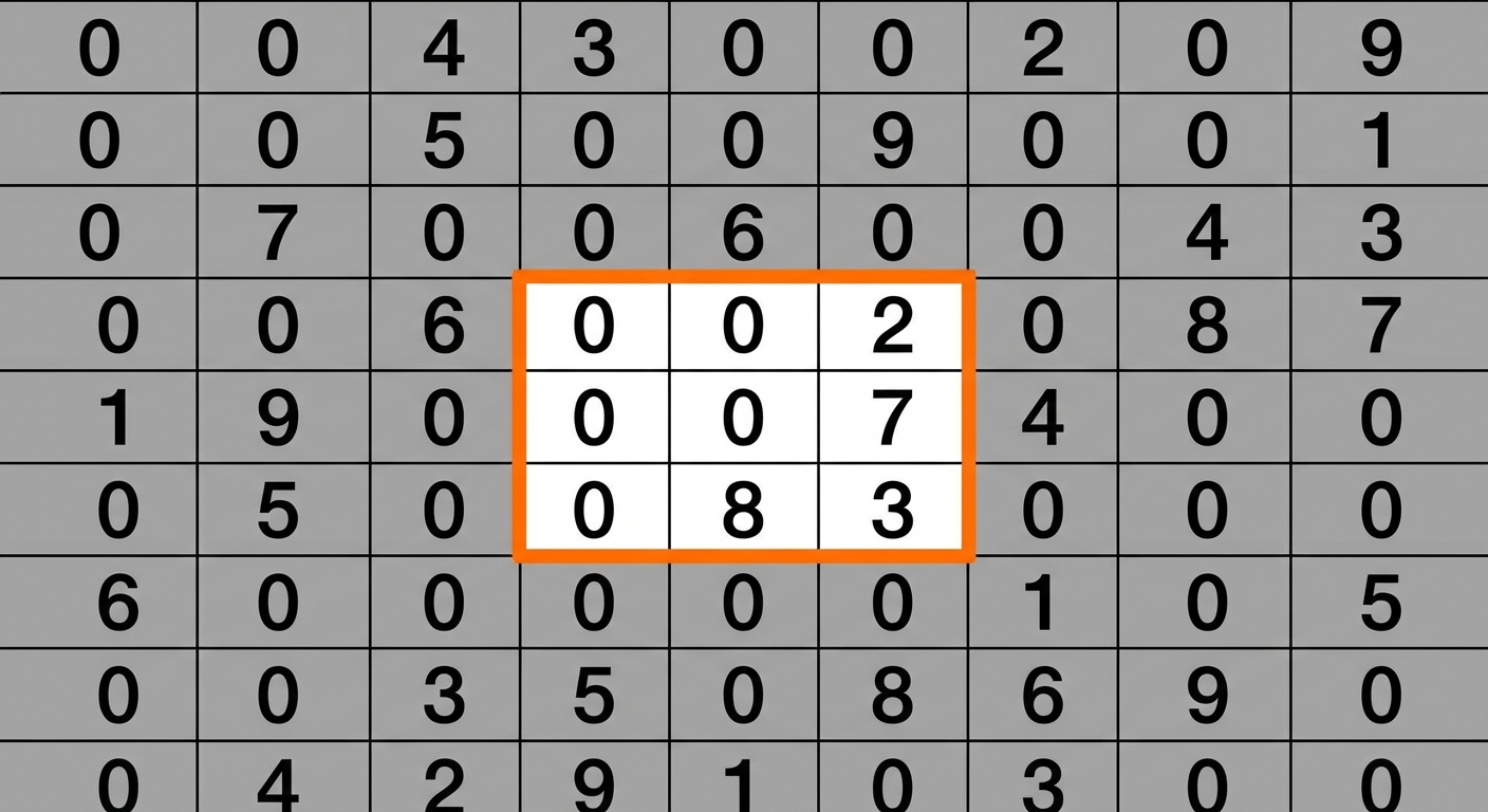 Permainan sudoku dengan sembilan kotak tengah dipilih - kolom empat sampai enam dan baris empat sampai enam