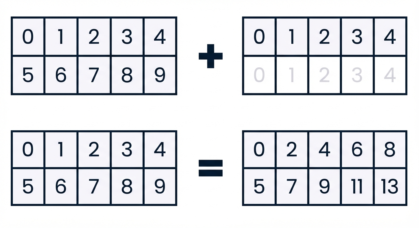 Sebuah array berukuran (2, 5) dijumlahkan dengan array berukuran (2, 5)