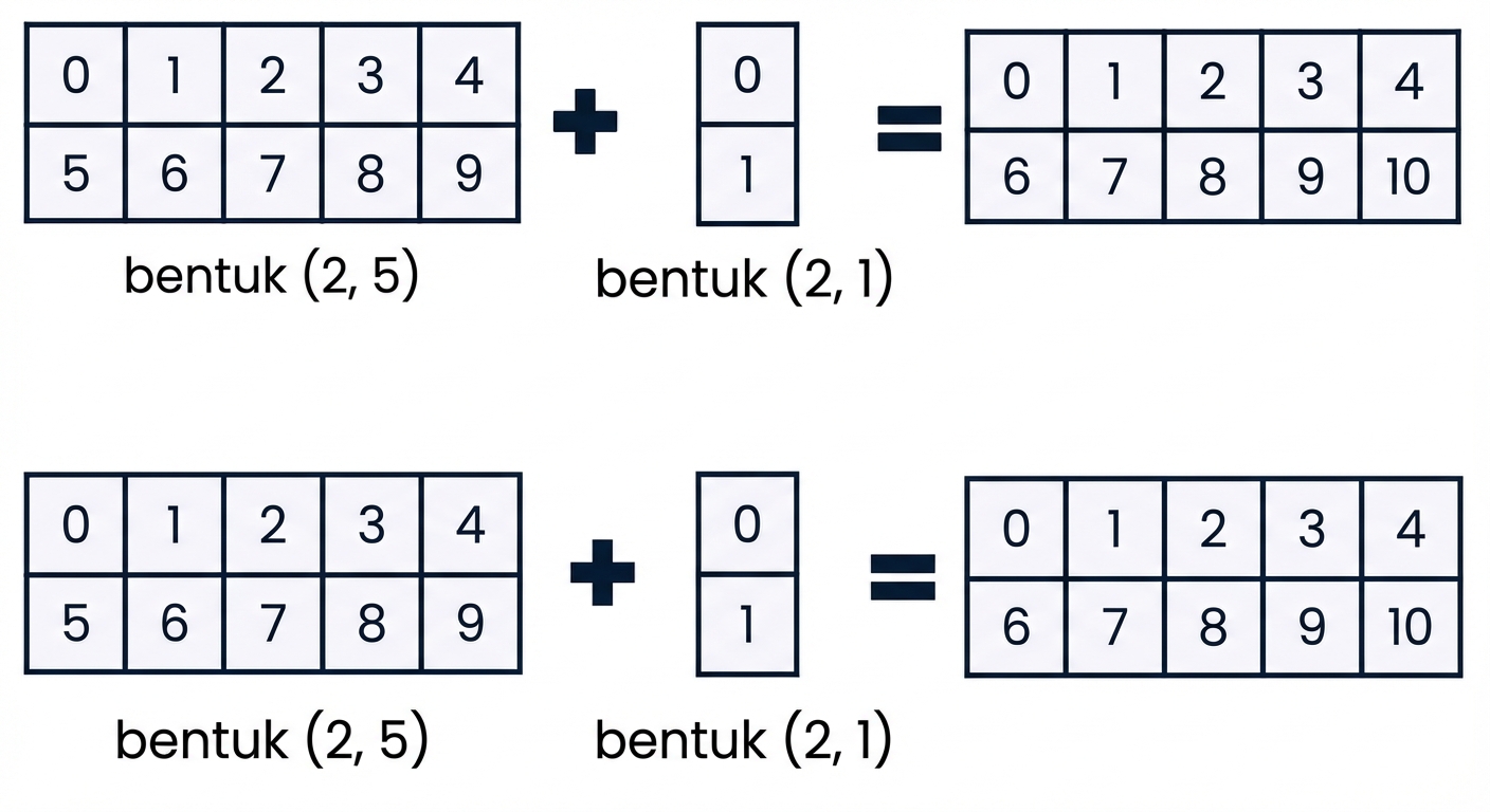 Grafik yang menunjukkan penjumlahan array berukuran (2, 5) dengan (2, 1)