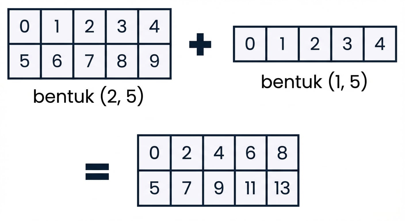 Sebuah array berukuran (2, 5) dijumlahkan dengan array berukuran (1, 5)
