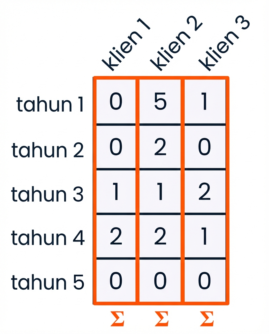 grafik dengan tiap kolom disorot dan simbol jumlah di bawah untuk menunjukkan penjumlahan per kolom
