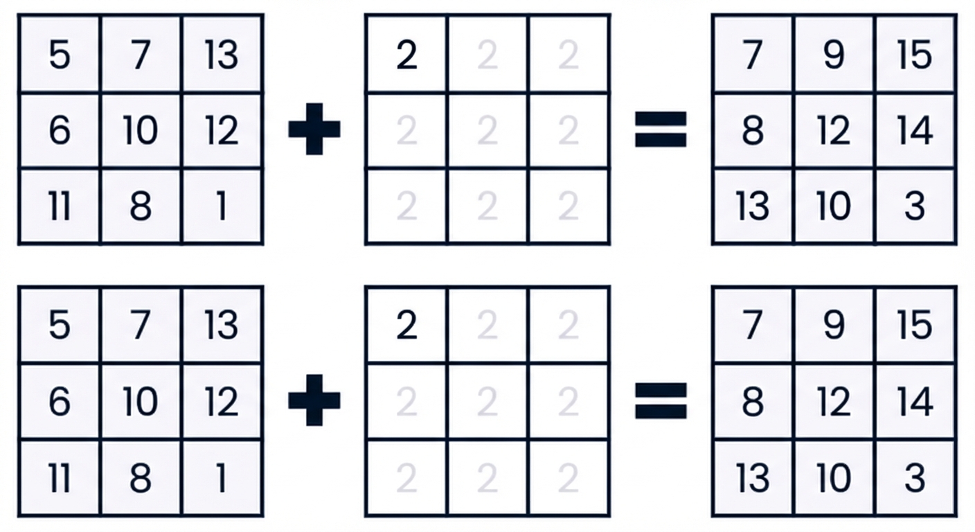 Gambar menunjukkan array 2D dijumlahkan dengan array berisi dua yang bentuknya sama
