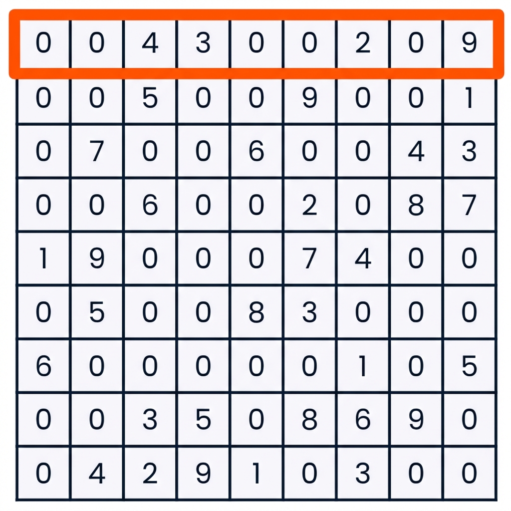 Permainan sudoku dengan baris pertama dipilih