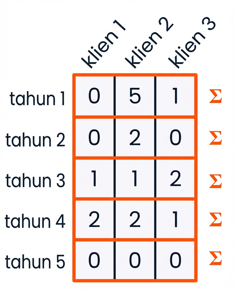 grafik dengan tiap baris disorot dan simbol jumlah di kanan tiap baris untuk menunjukkan penjumlahan per baris