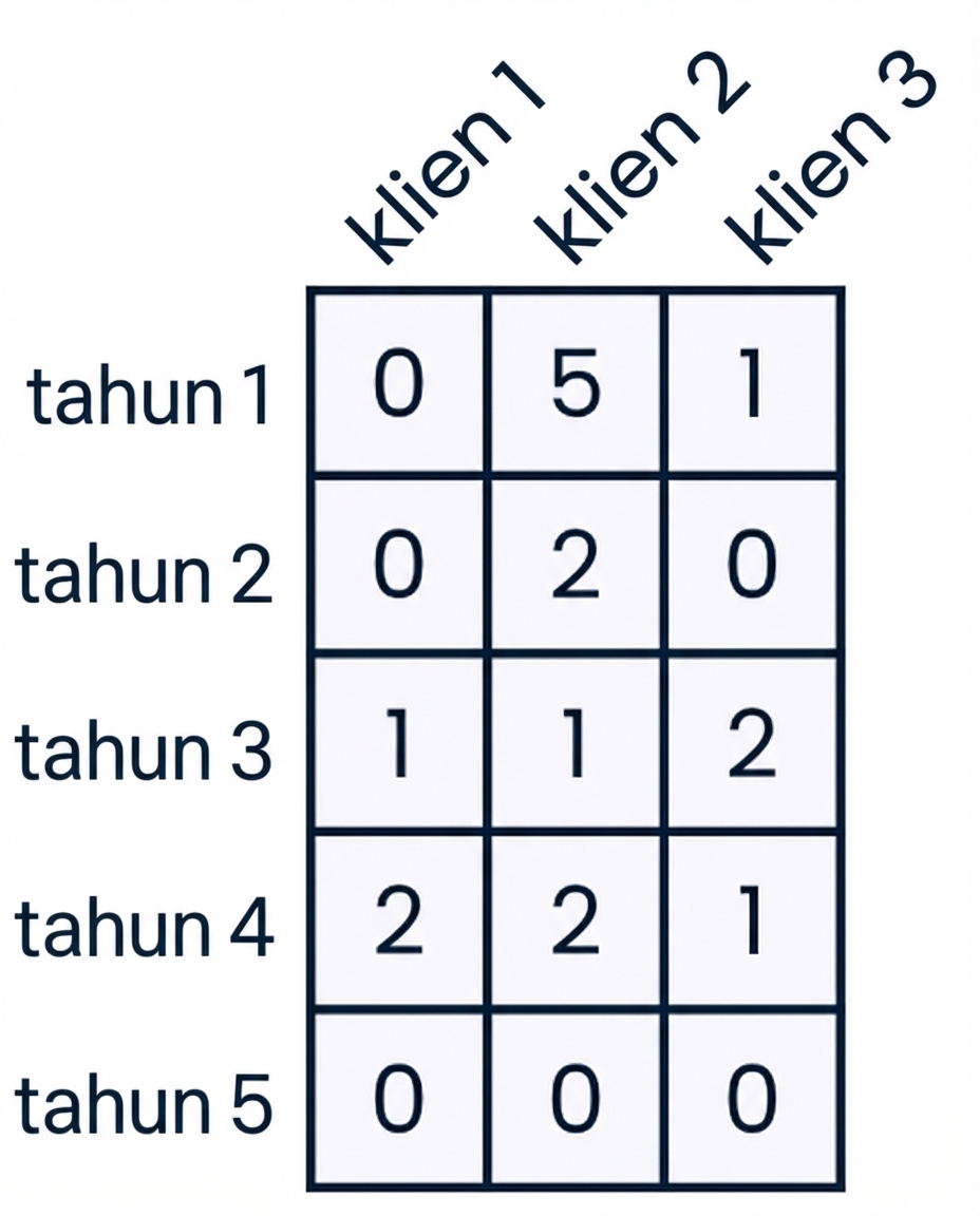 Grafik array security_breaches, dengan baris berlabel tahun dan kolom berlabel klien