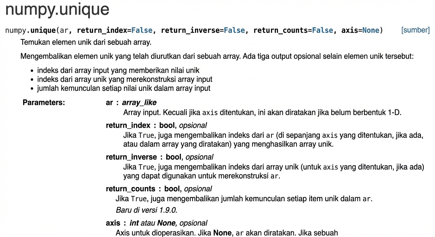 Tangkapan layar dokumentasi numpy.org untuk np.unique()