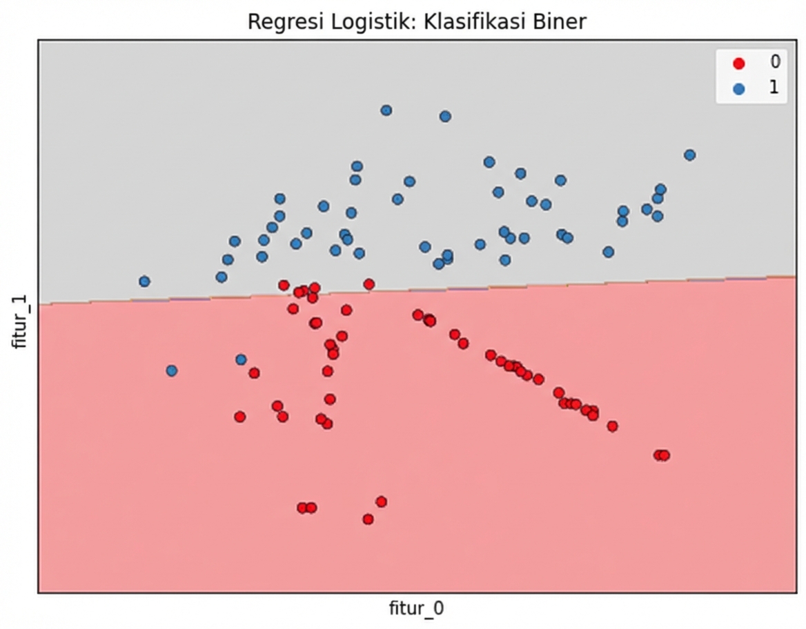 plot sebar fitur1 vs fitur2, dengan batas keputusan garis lurus untuk memprediksi churn dari kiri ke kanan