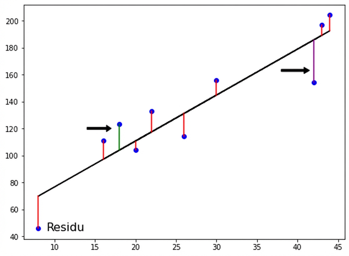 panah kedua menunjuk residual di bawah garis regresi, mewakili residual negatif