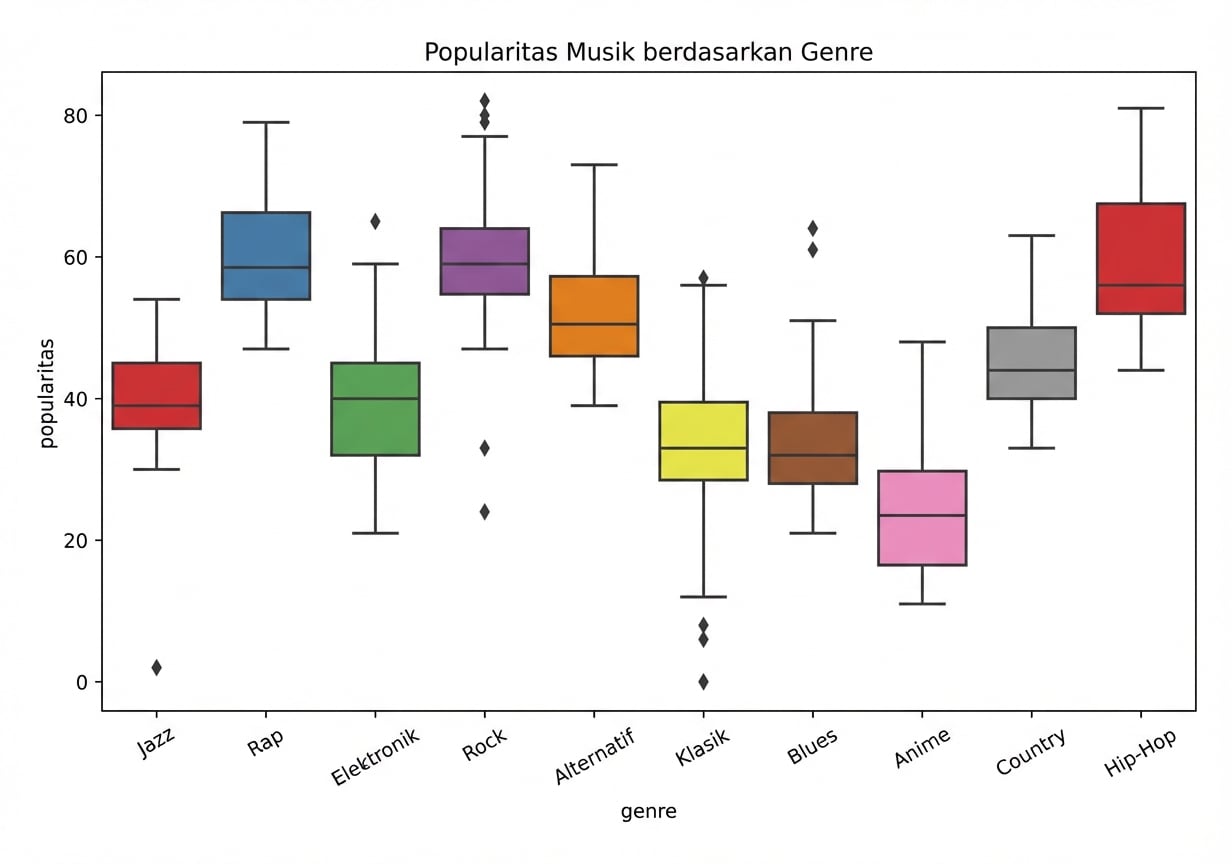 Plot kotak yang menampilkan popularitas untuk tiap genre