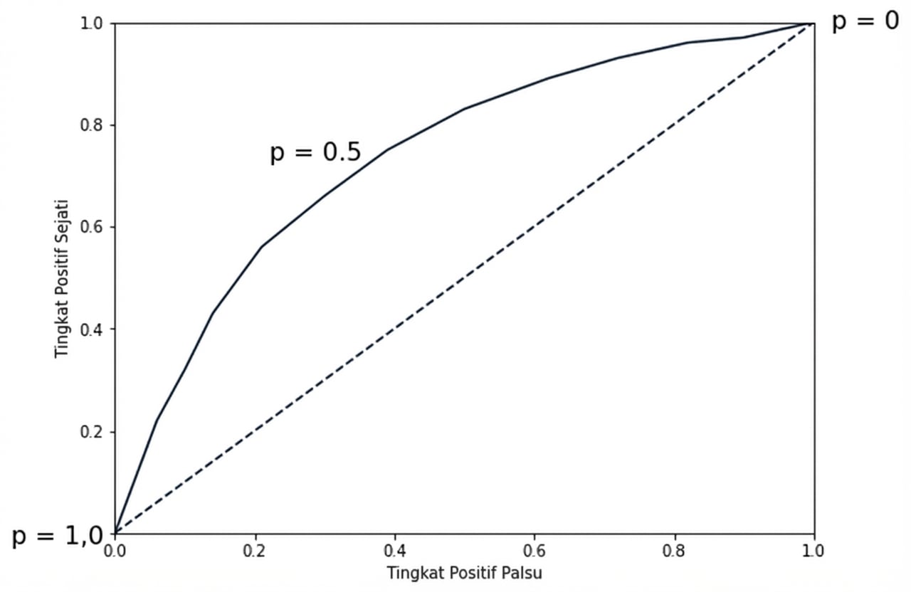 garis melengkung ke atas-kanan di atas garis putus-putus, mewakili ambang berbeda