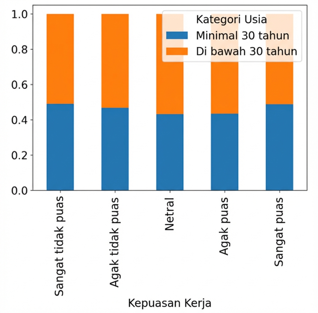 Diagram batang bertumpuk proporsional kepuasan kerja diisi menurut kategori usia