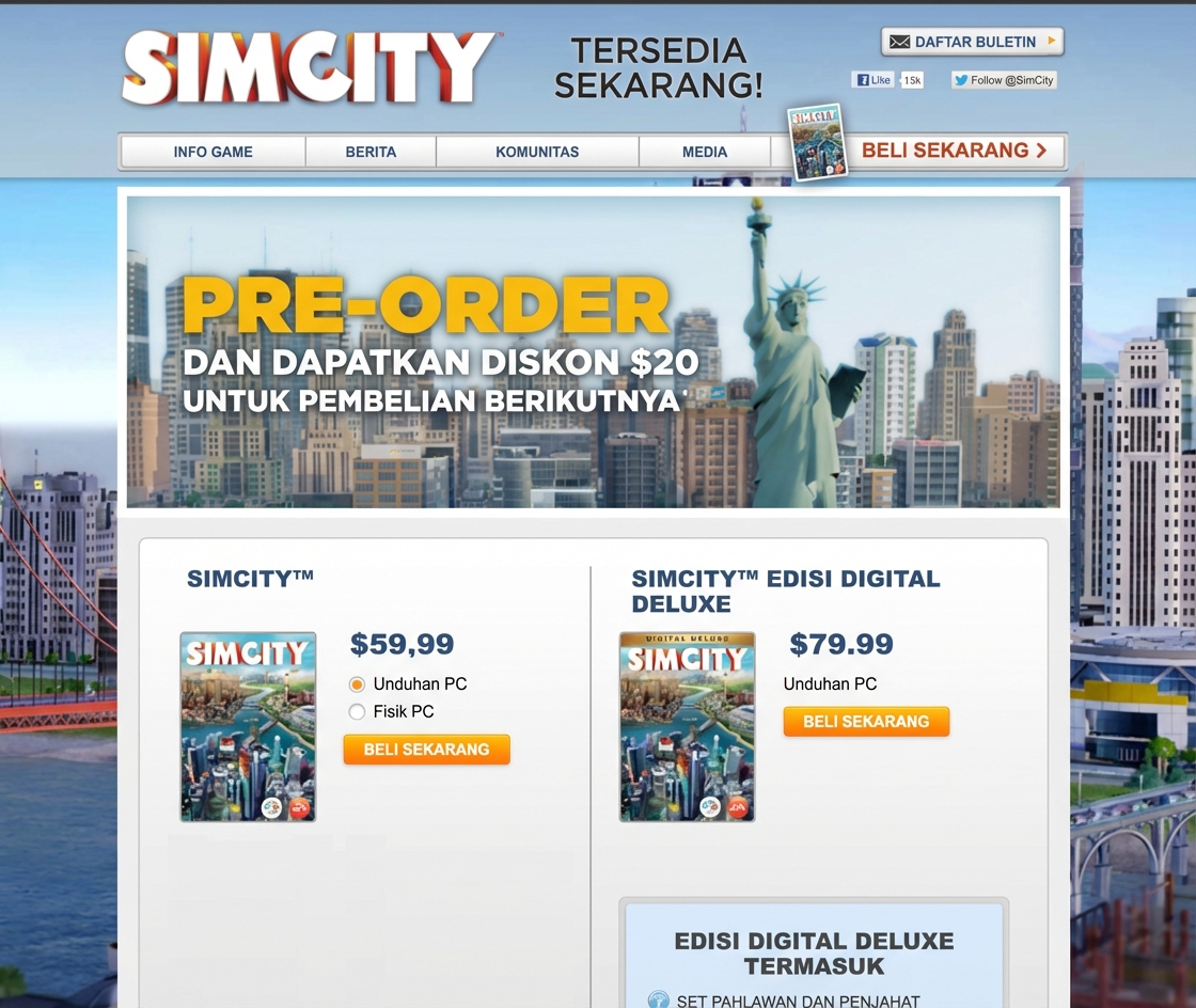 Halaman SimCity dengan banner bertuliskan "pre-order dan dapatkan potongan $20 untuk pembelian berikutnya"