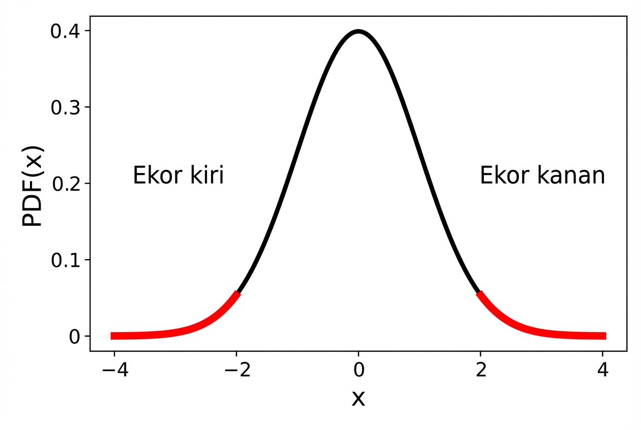 Plot kerapatan pdf normal baku dengan ekor kiri dan kanan disorot merah.