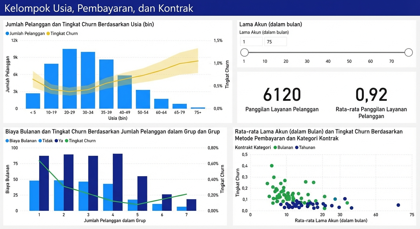 Halaman laporan Kelompok Usia, Pembayaran, dan Kontrak