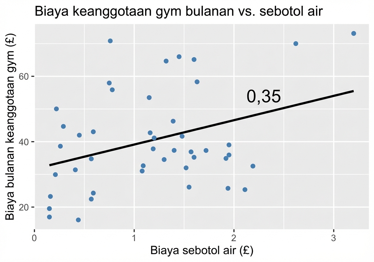 plot sebar biaya gym vs harga air dengan garis tren dan anotasi p sama dengan 0,35.png