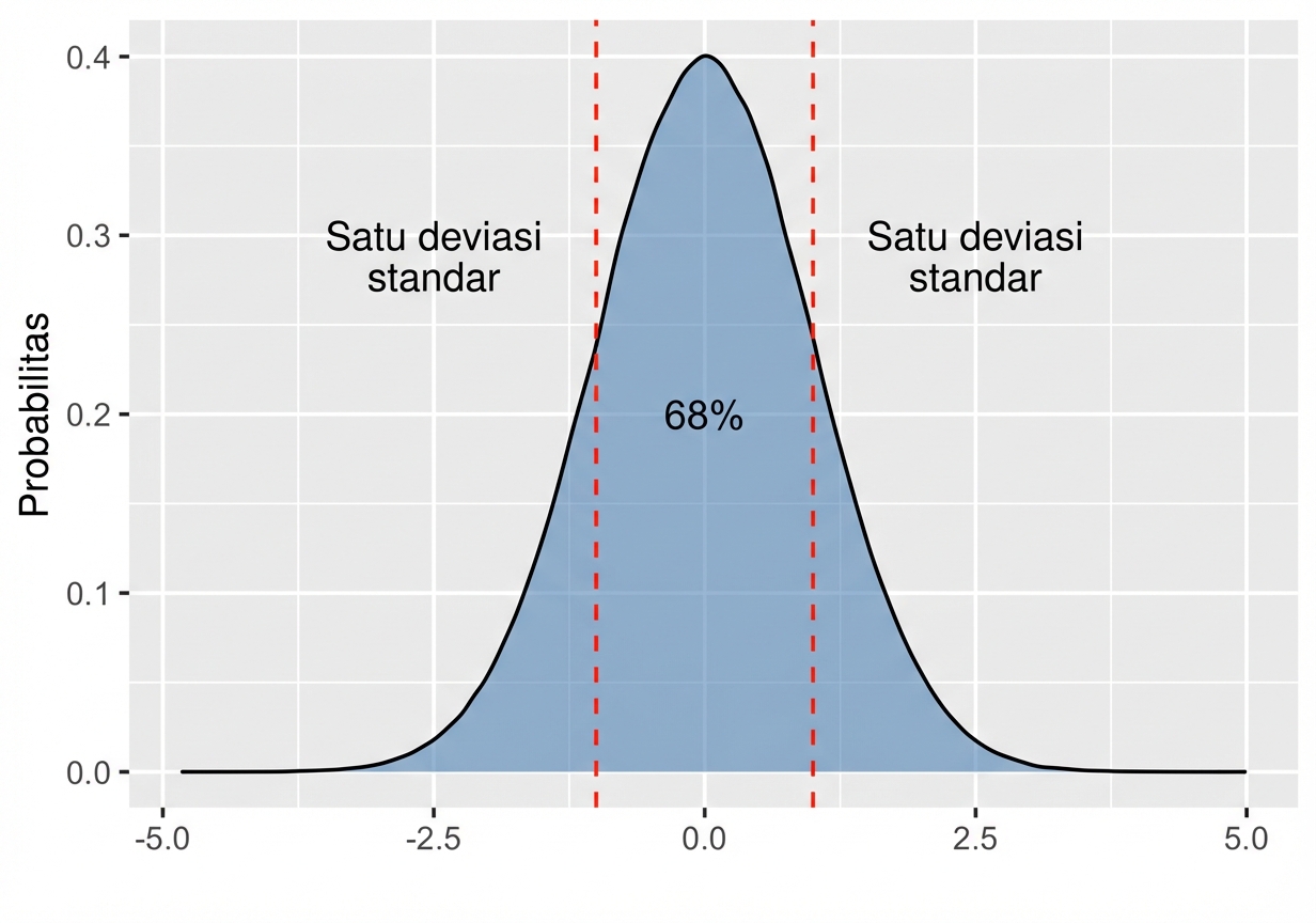 Distribusi normal dengan area antara plus minus satu simpangan baku berlabel 68 persen.png