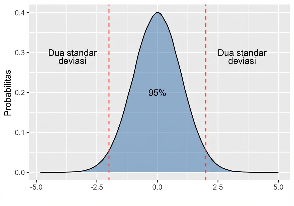 Distribusi normal dengan area antara plus minus dua simpangan baku berlabel 95 persen.png