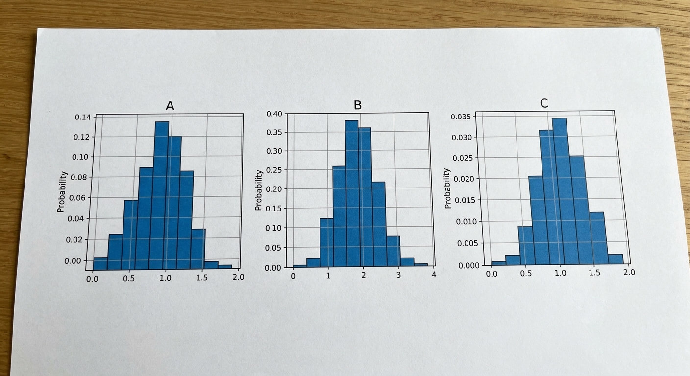 three_plots, first_showing_a_distribution_with_a_large_peak_on_the_left,second_showing_a_uniform_distribution_and_third_showing_a_symmetrical_distribution_peaking_in_the_middle.png
