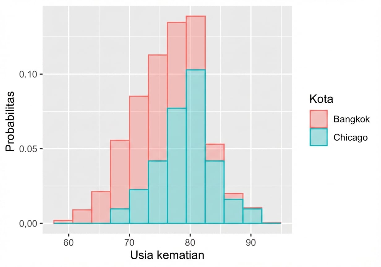 Histogram sampling harapan hidup di Chicago dan Bangkok