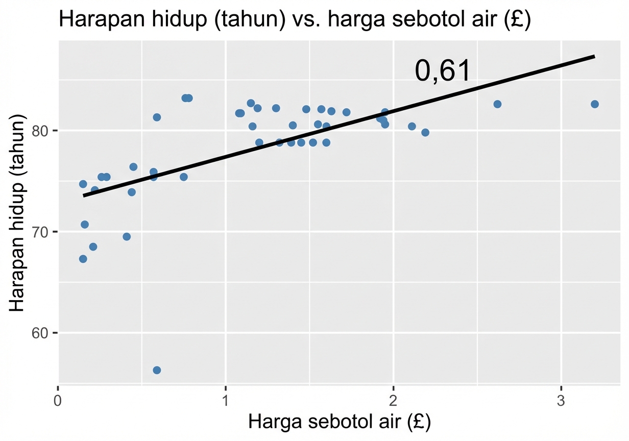 plot sebar harapan hidup vs harga sebotol air dengan garis tren dan p sama dengan 0,61.png