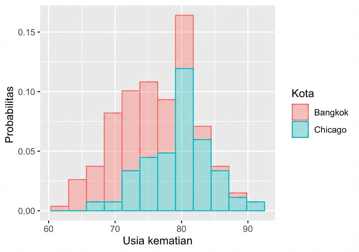 Histogram sampel kedua harapan hidup di Chicago dan Bangkok