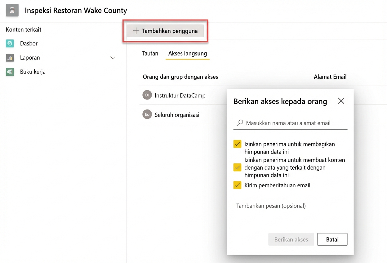 Menambahkan izin dataset untuk pengguna atau grup.
