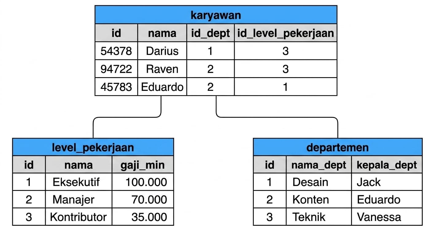 Gambar yang menunjukkan tiga tabel dalam sebuah database. Satu tabel bernama employees dan menunjukkan relasi ke dua tabel lain, yaitu job_levels dan departments.
