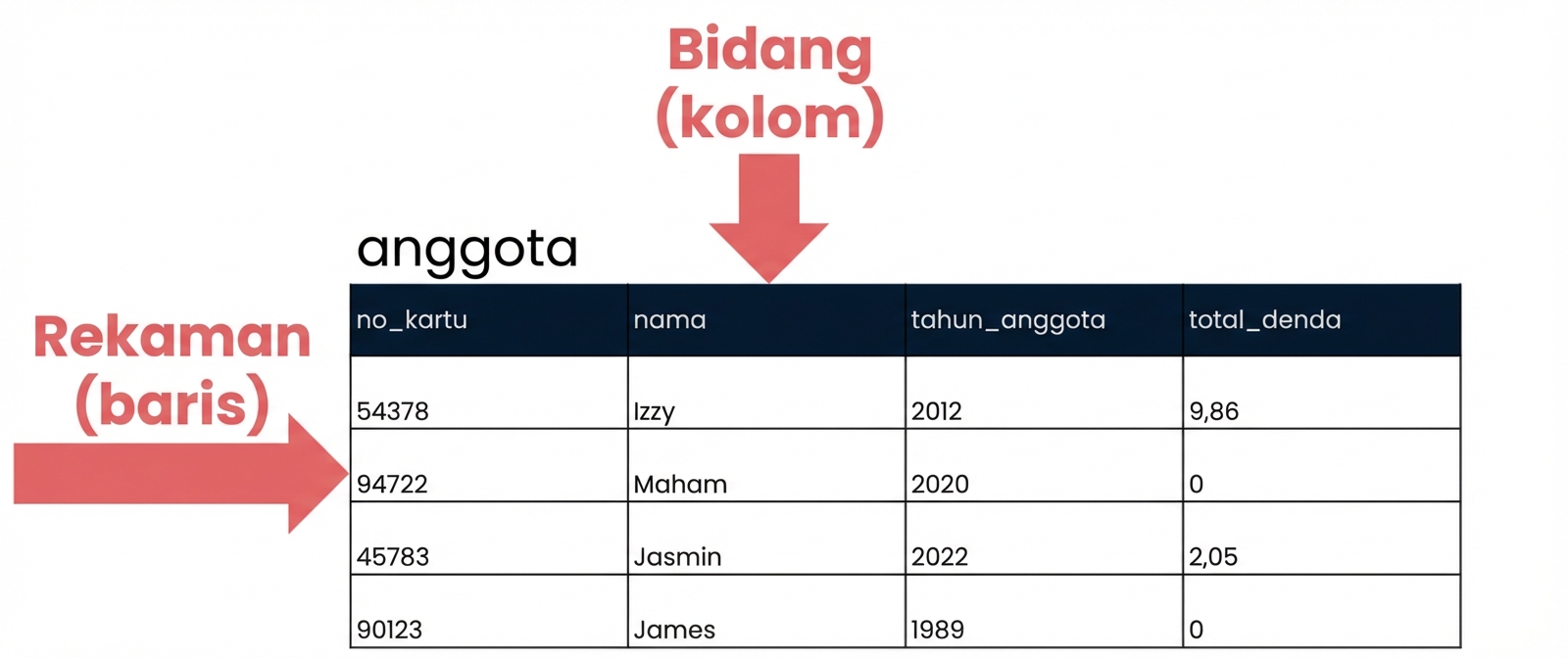 tabel patrons dengan record dan field ditandai