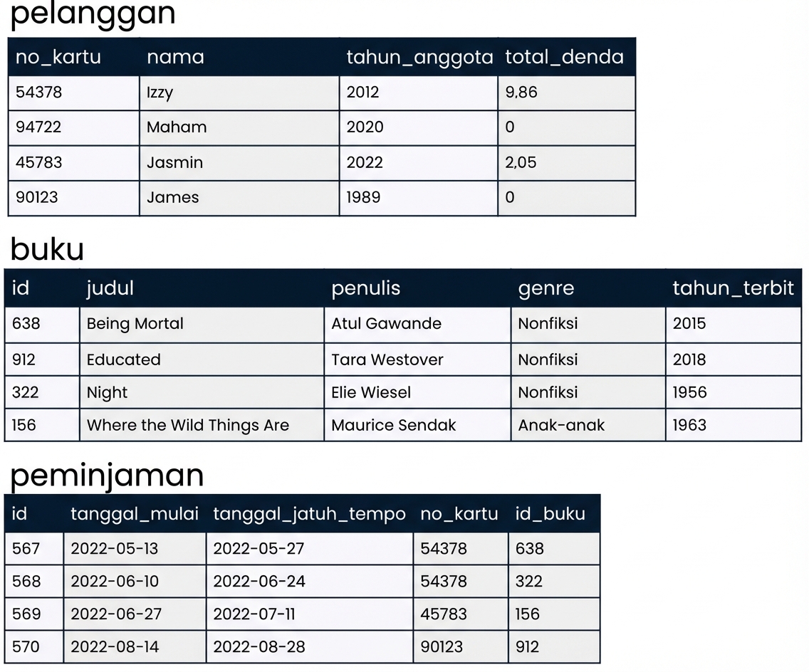 tiga tabel dalam sebuah database dengan data contoh