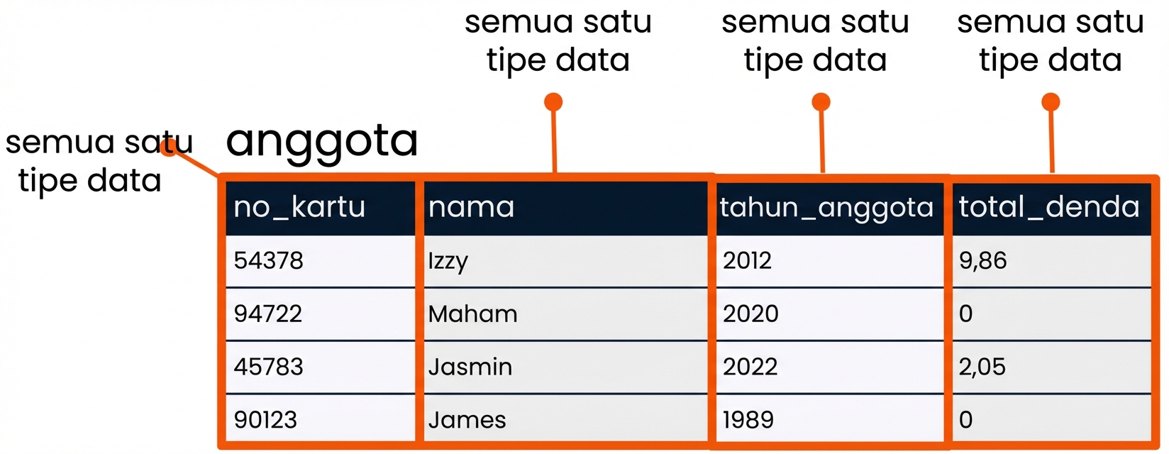 tabel patrons dengan tiap kolom disorot dan ditunjukkan bahwa masing-masing satu tipe data
