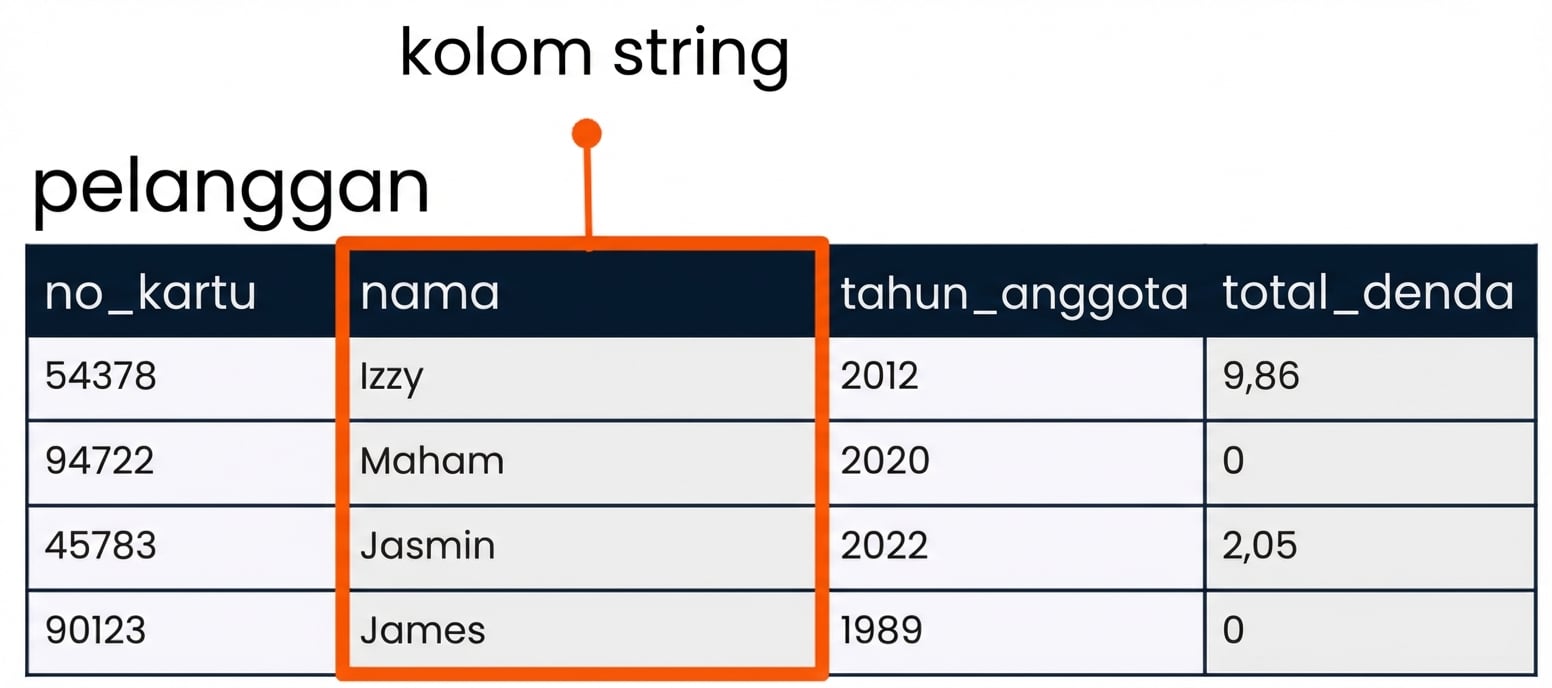 tabel patrons dengan kolom name disorot sebagai contoh kolom string