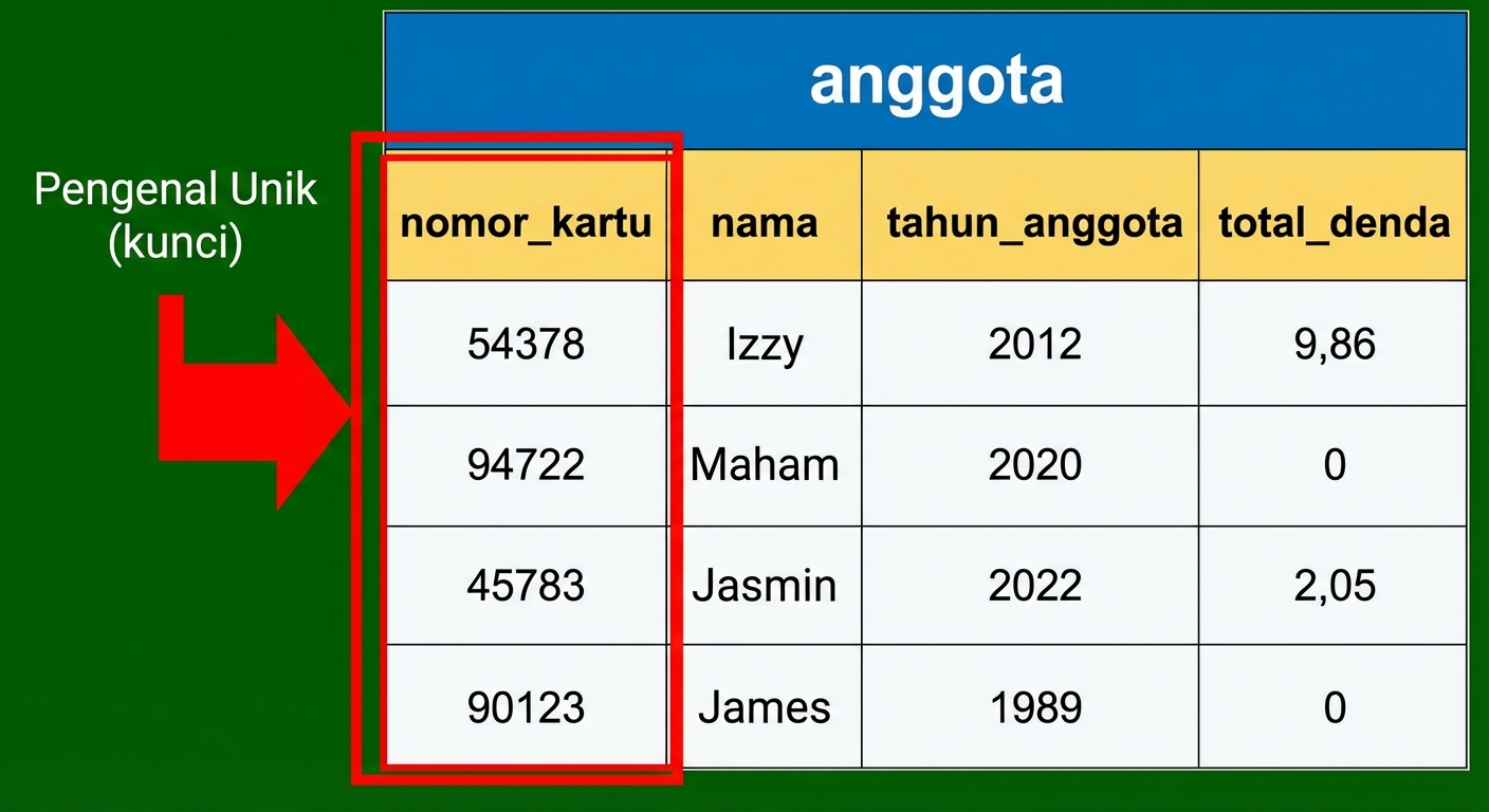 tabel patrons dengan field id ditandai sebagai pengenal unik